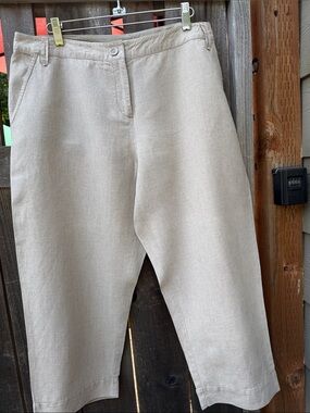 Eileen Fisher 100% organic linen cropped pants tan Large